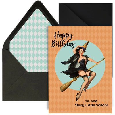 halloween birthday card with vintage witch pinup