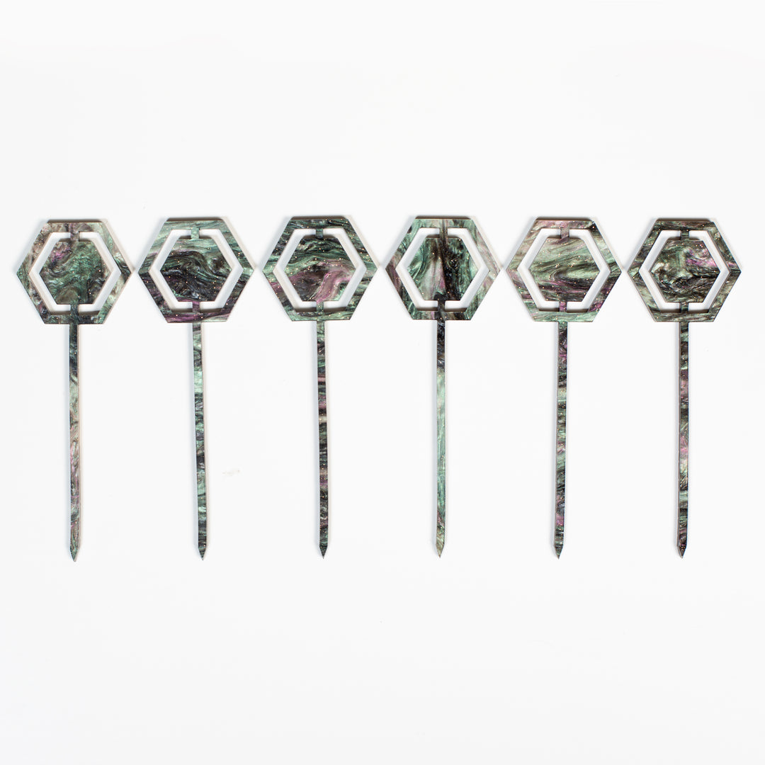 Marbled Galaxy Hexagon Acrylic Appetizer Cocktail Pick Set