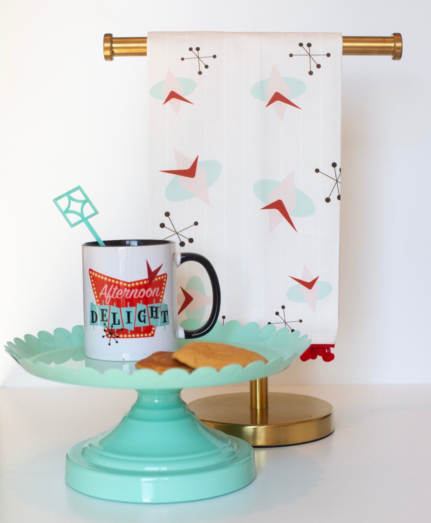 retro cosmic atomic vintage bar towel with chenille trim. Shown with Afternoon delight vintage coffee mug