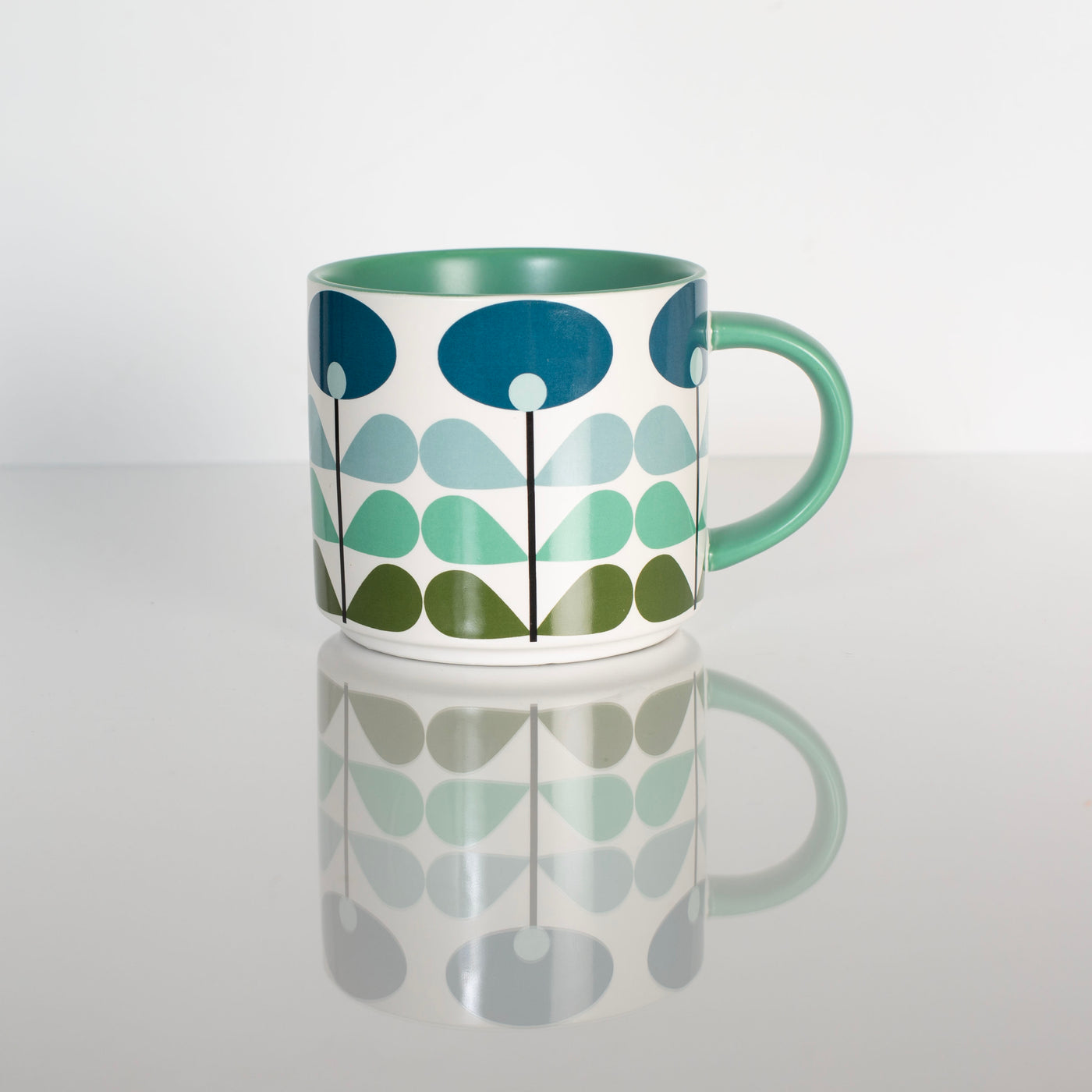 15oz mid century modern blue flower stackable ceramic mug. Matte finish coffee mug