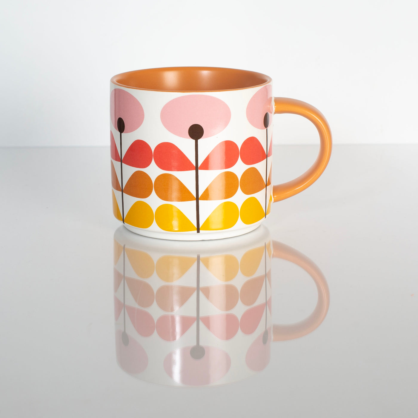 15oz mid century modern pink flower stackable ceramic mug. Matte finish coffee mug