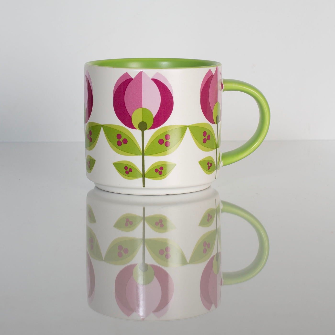 15oz mid century modern purple tulip  flower stackable ceramic mug. Matte finish coffee mug