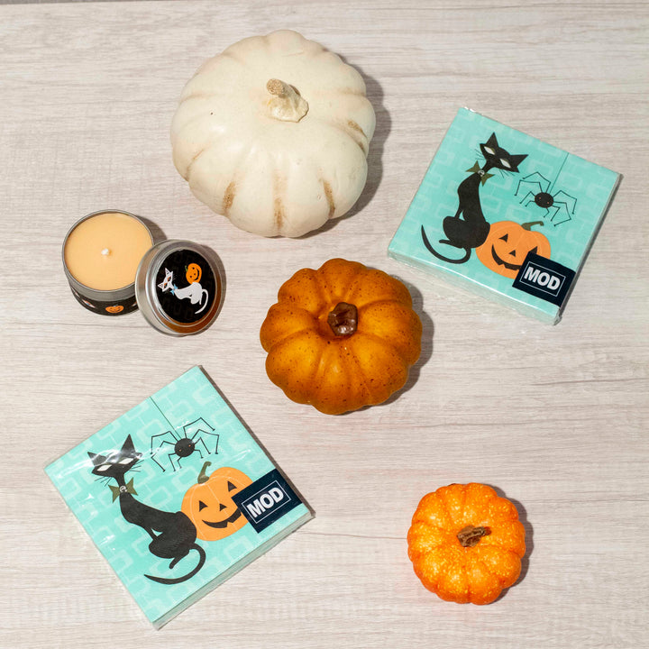 Black Cat Mid Century Halloween Cocktail Beverage Napkin