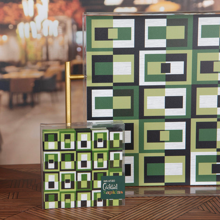 Green Square in Rectangle Mid Century Modern Cocktail Beverage Napkin
