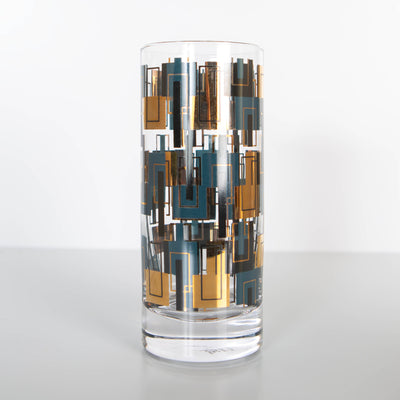 Blue and Gold Foil Mid Century Modern Geometric Highball Cocktail Glass