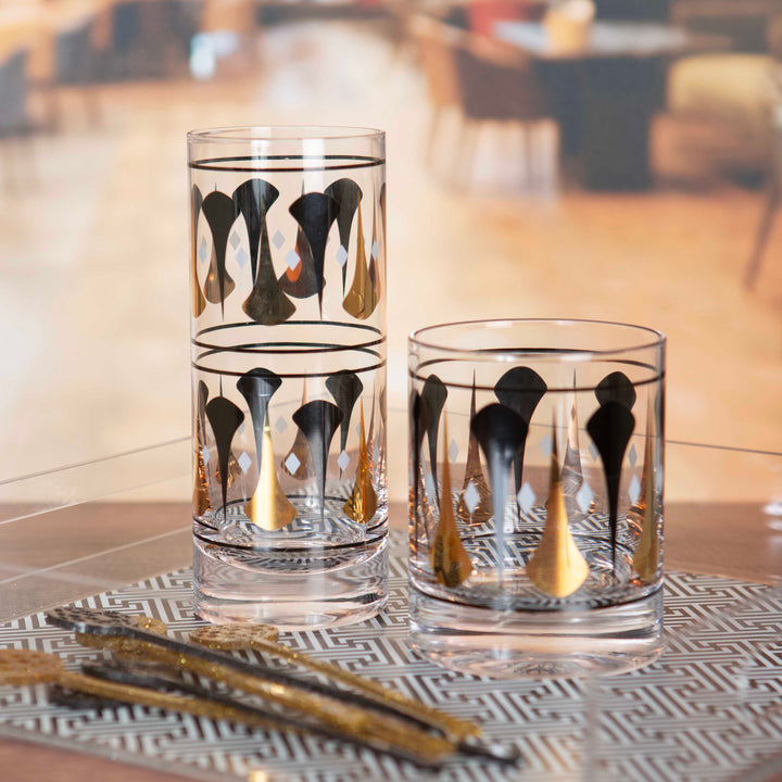 black and gold vintage highball and whiskey cocktail glasses