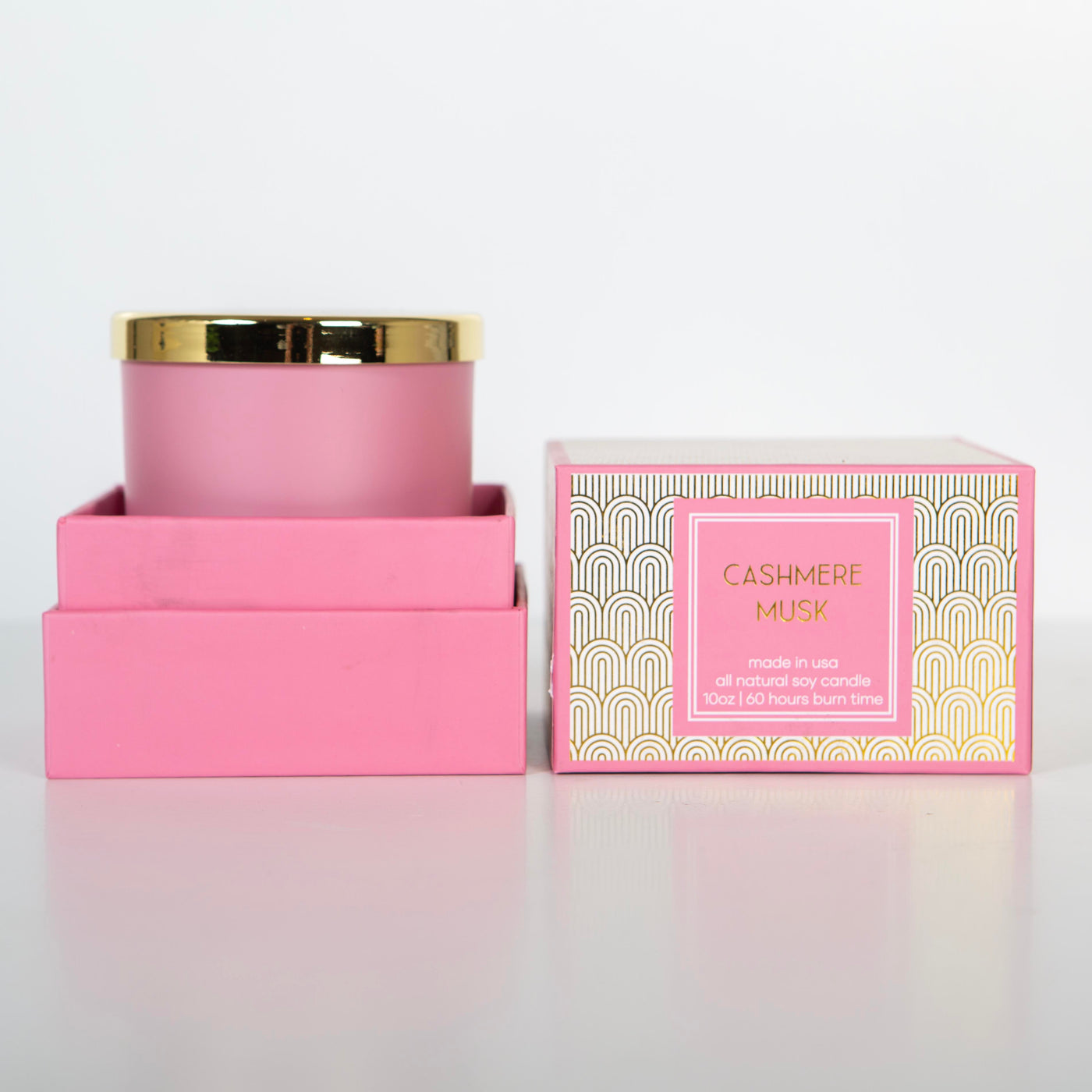 pink and gold foil mid century modern boxed candle pink cashmere, gold shimmer candle jar, pink soy candle for mom