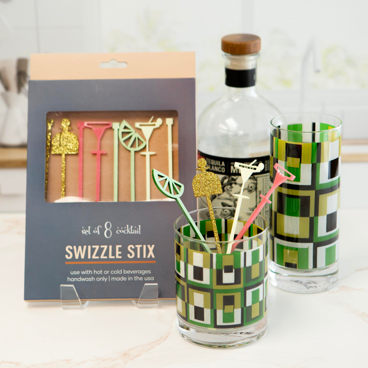 Green Square Vintage Retro Whiskey Rocks Cocktail Glass