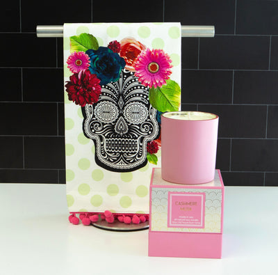 Floral Skull Tea Towel with Chenille Pom Trim