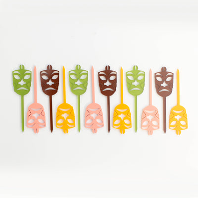 Tiki Mask Colored Acrylic Appetizer Cocktail Pick Set