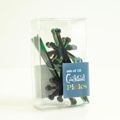 green tortoise acrylic cocktail appetizer pick, boxed set, mid century modern barware, retro starburst cocktail pick