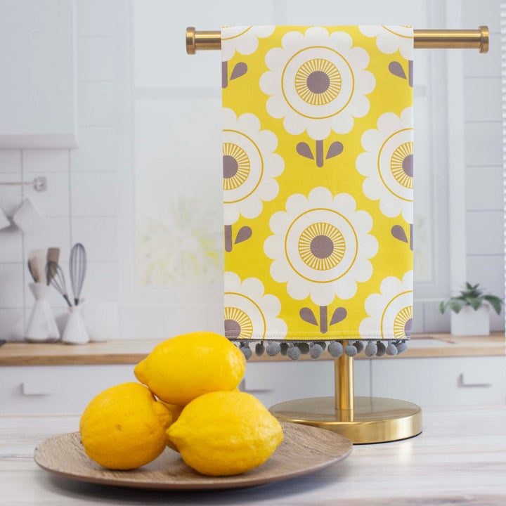 Yellow Sunshine Flower Vintage Tea Towel with Trim