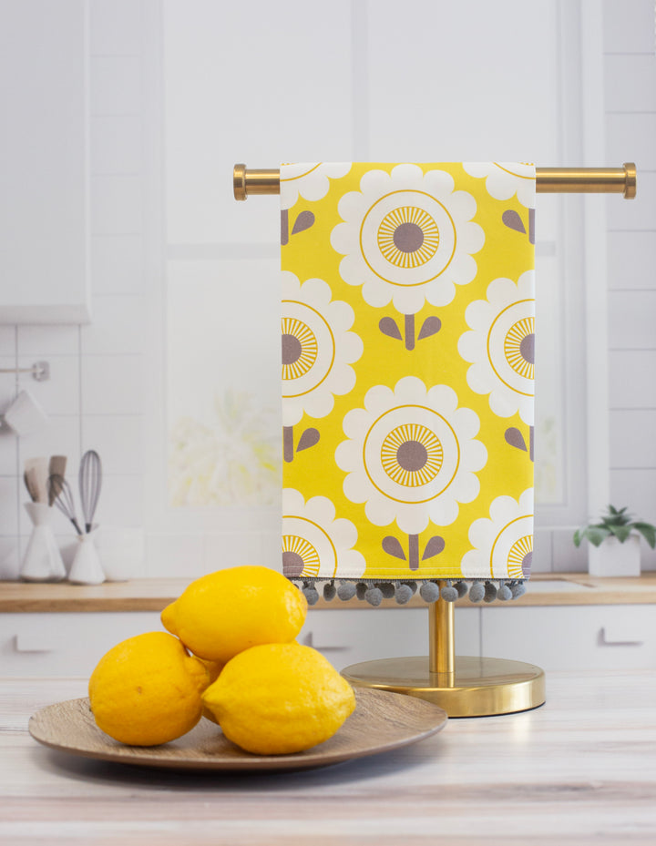 Yellow Sunshine Flower Vintage Tea Towel with Trim