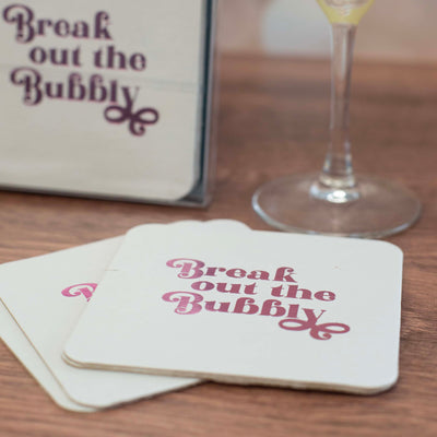 break out the bubbly pink foil paper coaster set bachelorette party, birthday decor, girls night out fancy coasters, gifts for bride, bubbly champagne or prosecco gift ideas