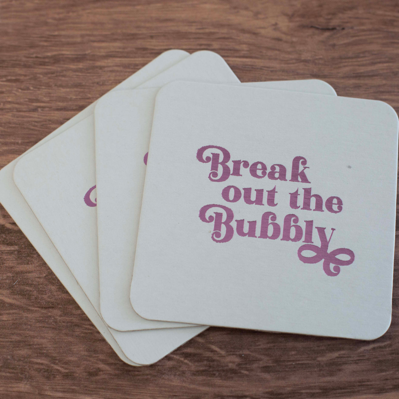 break out the bubbly pink foil paper coaster set bachelorette party, birthday decor, girls night out fancy coasters, gifts for bride, bubbly champagne or prosecco gift ideas