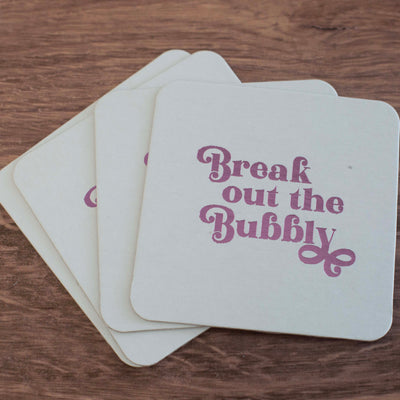 break out the bubbly pink foil paper coaster set bachelorette party, birthday decor, girls night out fancy coasters, gifts for bride, bubbly champagne or prosecco gift ideas