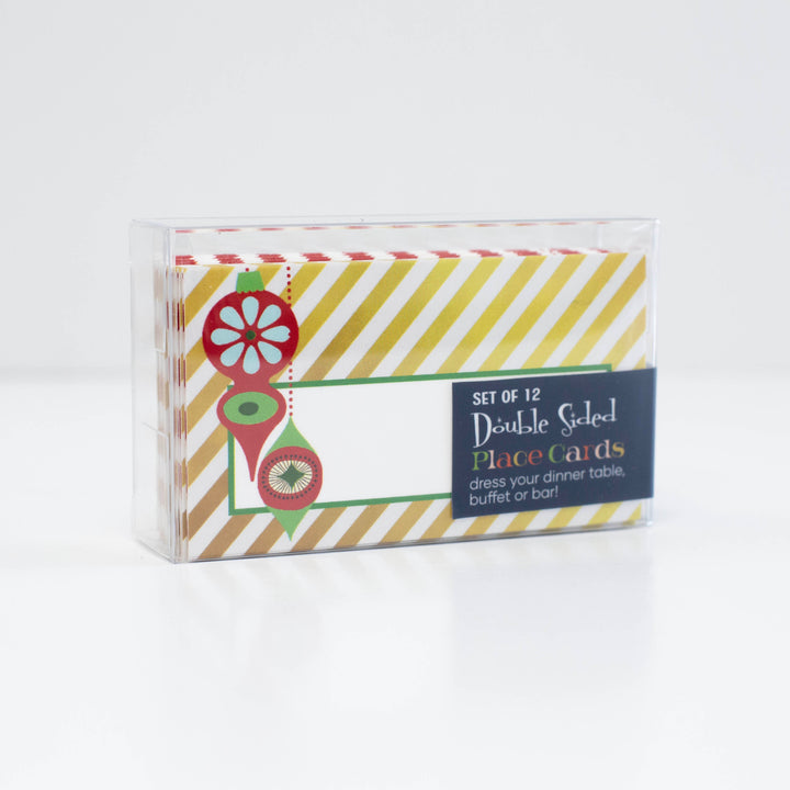 Retro Ornament Red and Gold Stripe Double Sided Holiday Place Cards