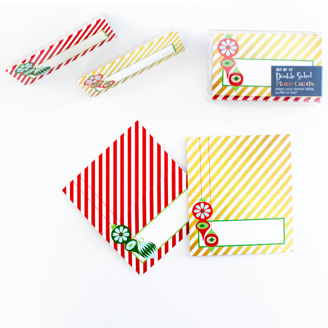 Retro Ornament Red and Gold Stripe Double Sided Holiday Place Cards