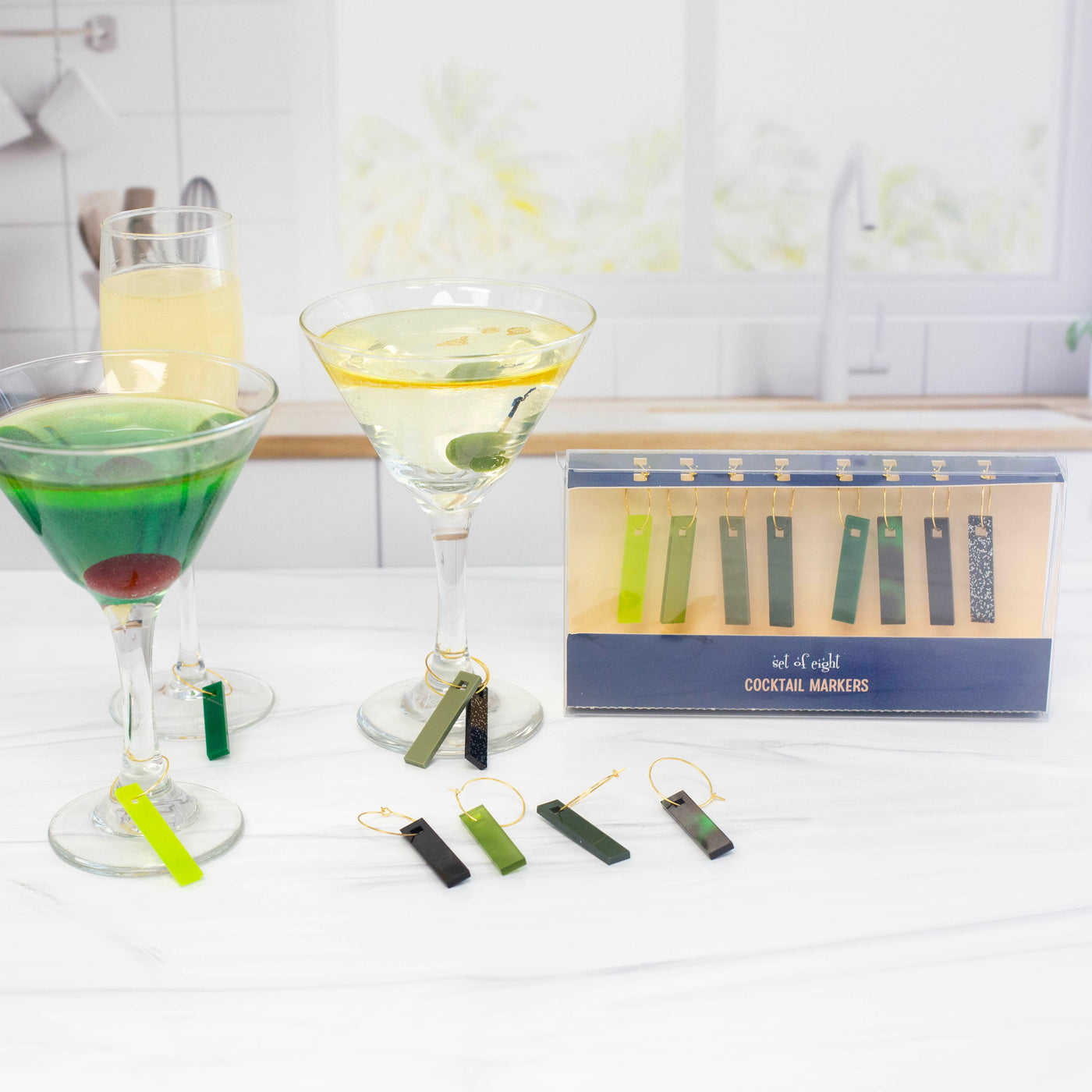 Set the mood for any occasion with these stylish Green With Envy Acrylic Wine Charms! Each boxed set contains 8 lightweight acrylic charms in a variety of fresh, sophisticated shades from green to black that will add a unique, stylish touch to your glassware. Envious swanky swag for your stems!