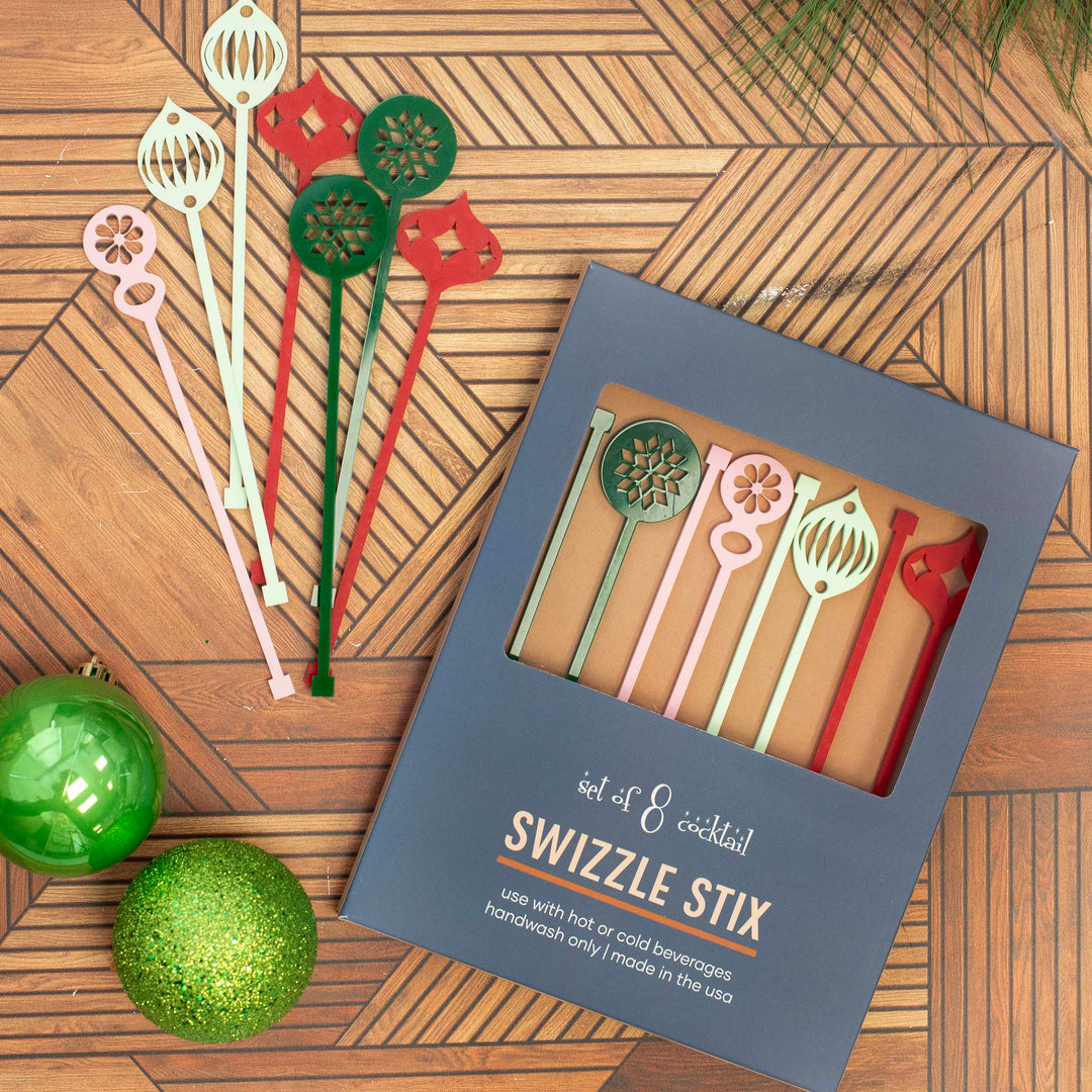 Retro Ornament Pink & Pistachio Holiday Beverage Mixing Swizzle Stirrers