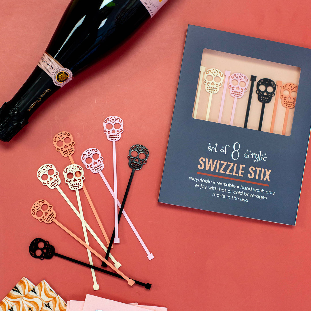 Pink Skull Day of the Dead Beverage Mixing Swizzle Drink Stirrers