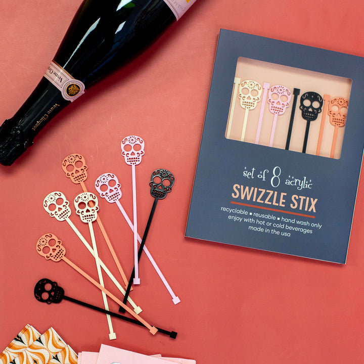 Pink Skull Day of the Dead Beverage Mixing Swizzle Drink Stirrers