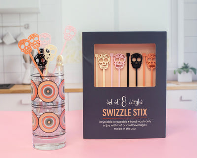 Pink Skull Day of the Dead Beverage Mixing Swizzle Drink Stirrers