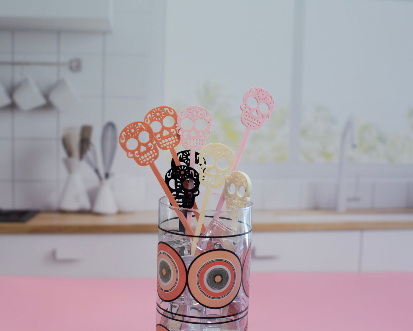 Pink Skull Day of the Dead Beverage Mixing Swizzle Drink Stirrers