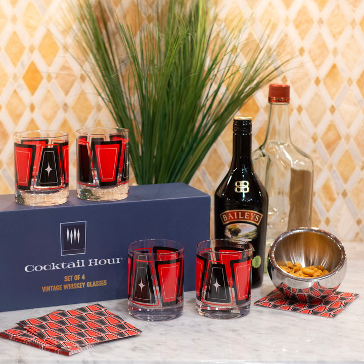 Cocktail Hour Set of 4 Red &amp; Black Retro Whiskey Glasses