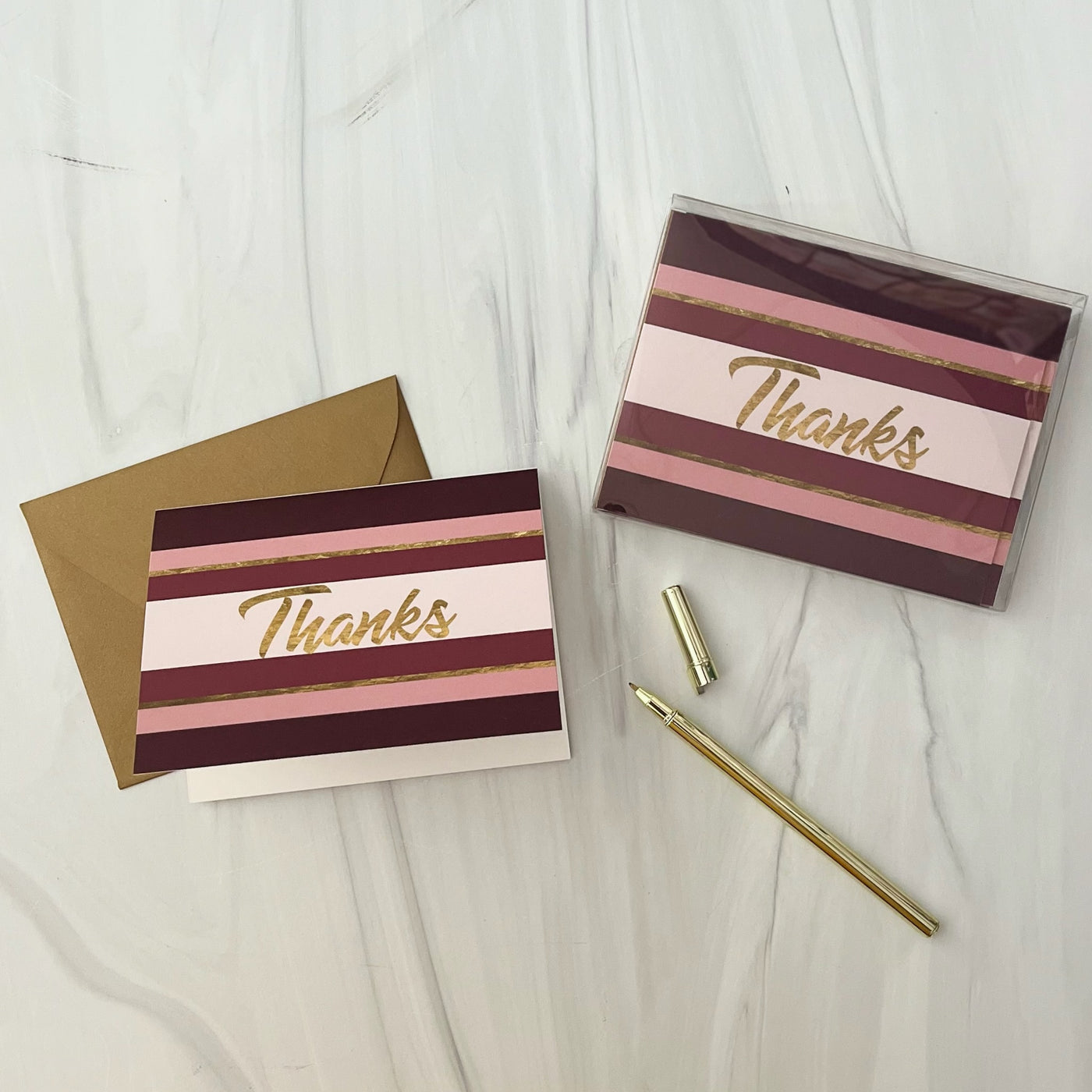 Wine Stripe and Gold Mid Century Modern Thank You Card