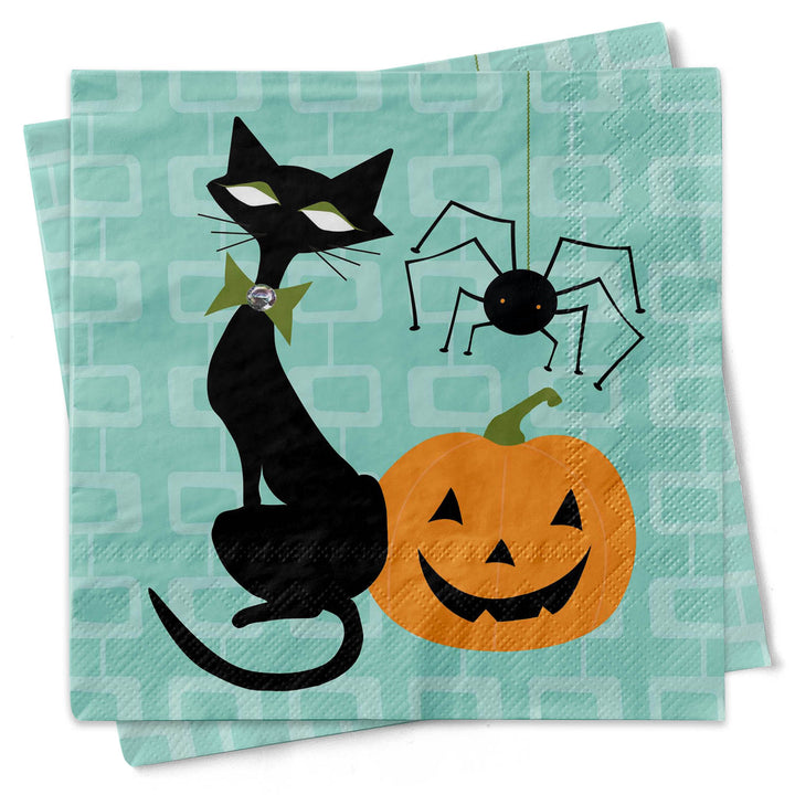 Black Cat Mid Century Halloween Cocktail Beverage Napkin