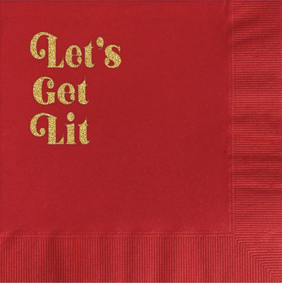 Lets Get Lit Gold Foil Red Cocktail Beverage Napkin