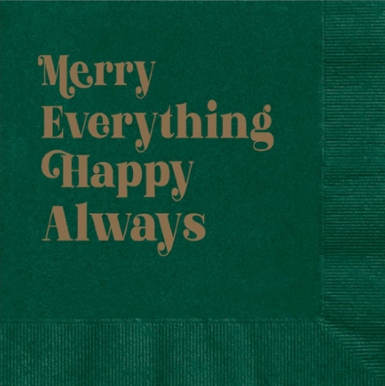 Merry Everything Happy Always Gold Foil Cocktail Beverage Napkin retro Font