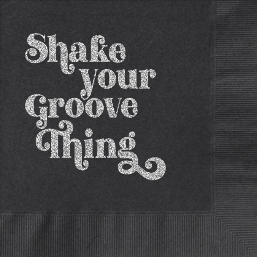 Get ready to shake things up with our Shake Your Groove Thing Silver Glitter Foil Cocktail Beverage Napkin! Set of 20 boxed napkins makes it perfect for gift giving or convenient storage. Add a touch of shimmer and style to any 70's disco theme party or event. Let your guests groove and enjoy their drinks in style with these sparkling, high-quality napkins.