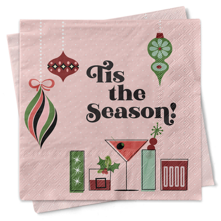 Tis the Season Retro Holiday Christmas Pink Cocktail Napkin