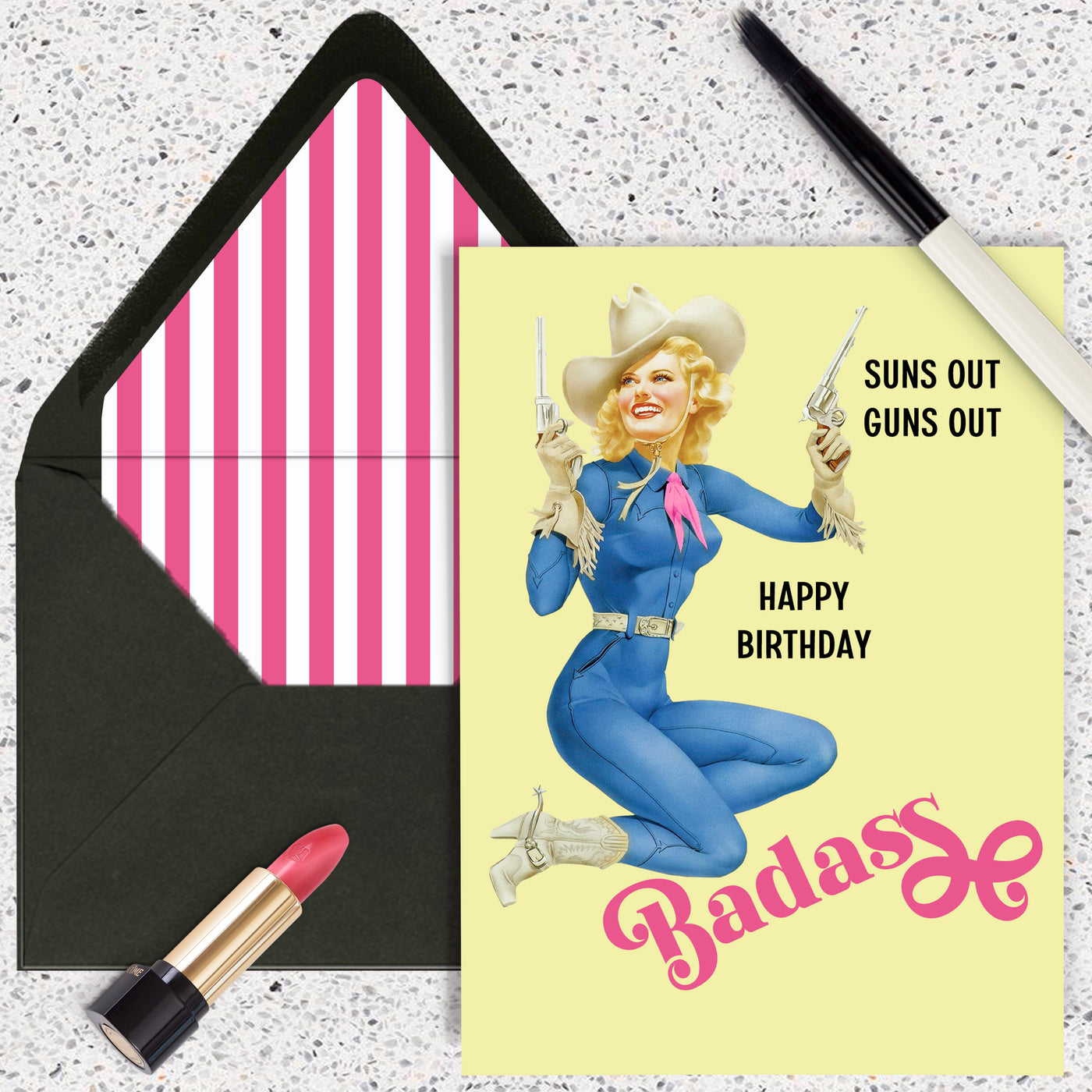 Western Pinup Cowgirl with Guns Happy Birthday Badass Card vintage bitch