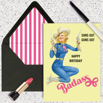 Western Pinup Cowgirl with Guns Happy Birthday Badass Card vintage bitch