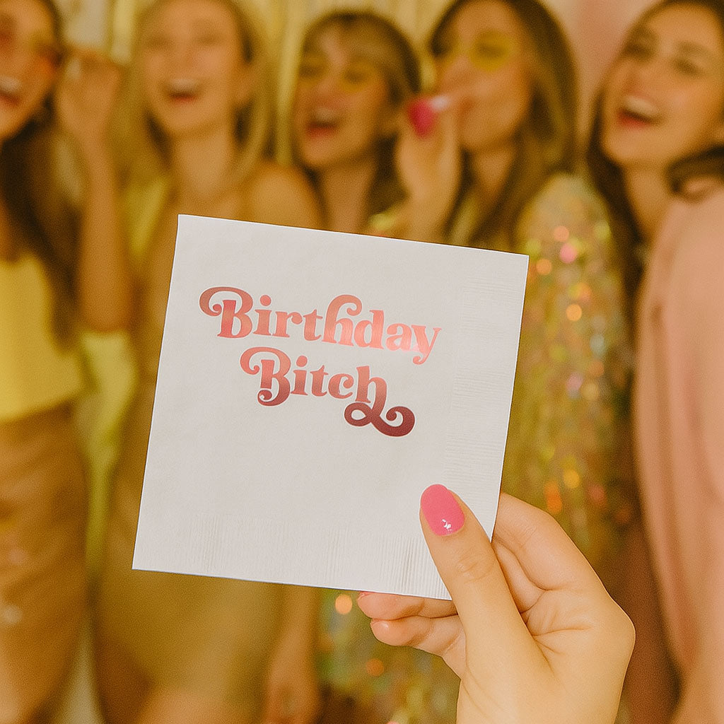 Birthday Bitch Funny Pink Foil Cocktail Beverage Napkin
