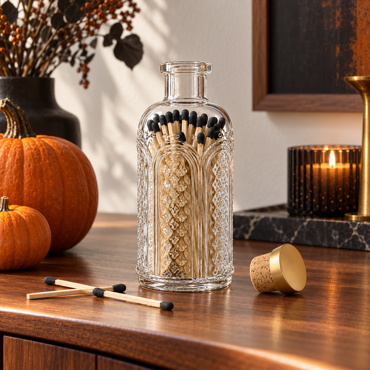 Black Tip Matches in Vintage Glass Jar