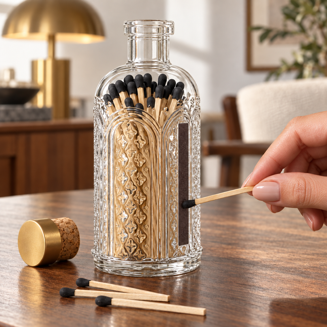 Black Tip Matches in Vintage Glass Jar