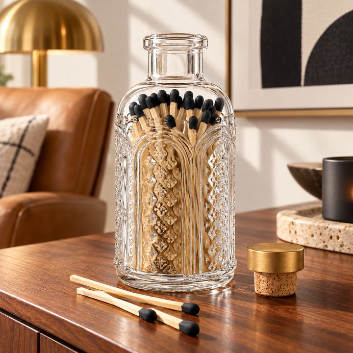 Black Tip Matches in Vintage Glass Jar