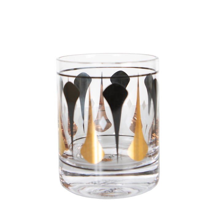 Mad Men class meets Studio 54 glam. Experience the perfect blend of modern style and sophistication with our Mid Century Modern inspired Black and Gold Whiskey Cocktail Glass. Enjoy your best booze on the rocks, served in a sleek glass featuring a vintage inspired dart design with gold hot stamp for a touch of glam. Elevate your cocktail game now!