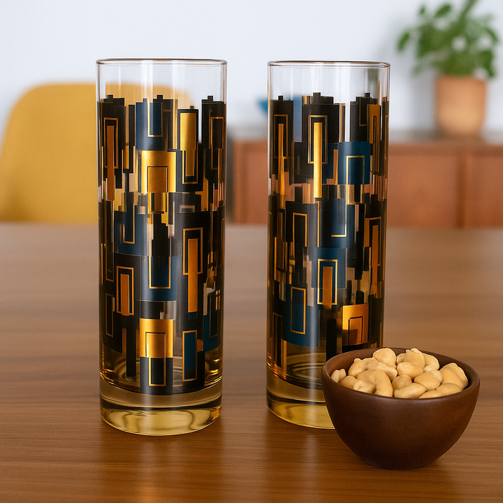 Blue and Gold Squares Mid Century Modern Vintage Cocktail Glasses