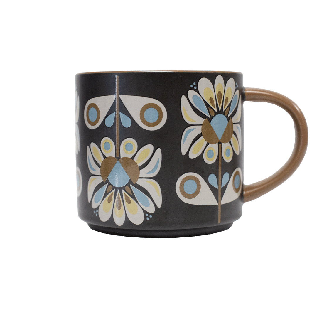 Black and Blue Petals Mid Century Stackable Matte Coffee Mug