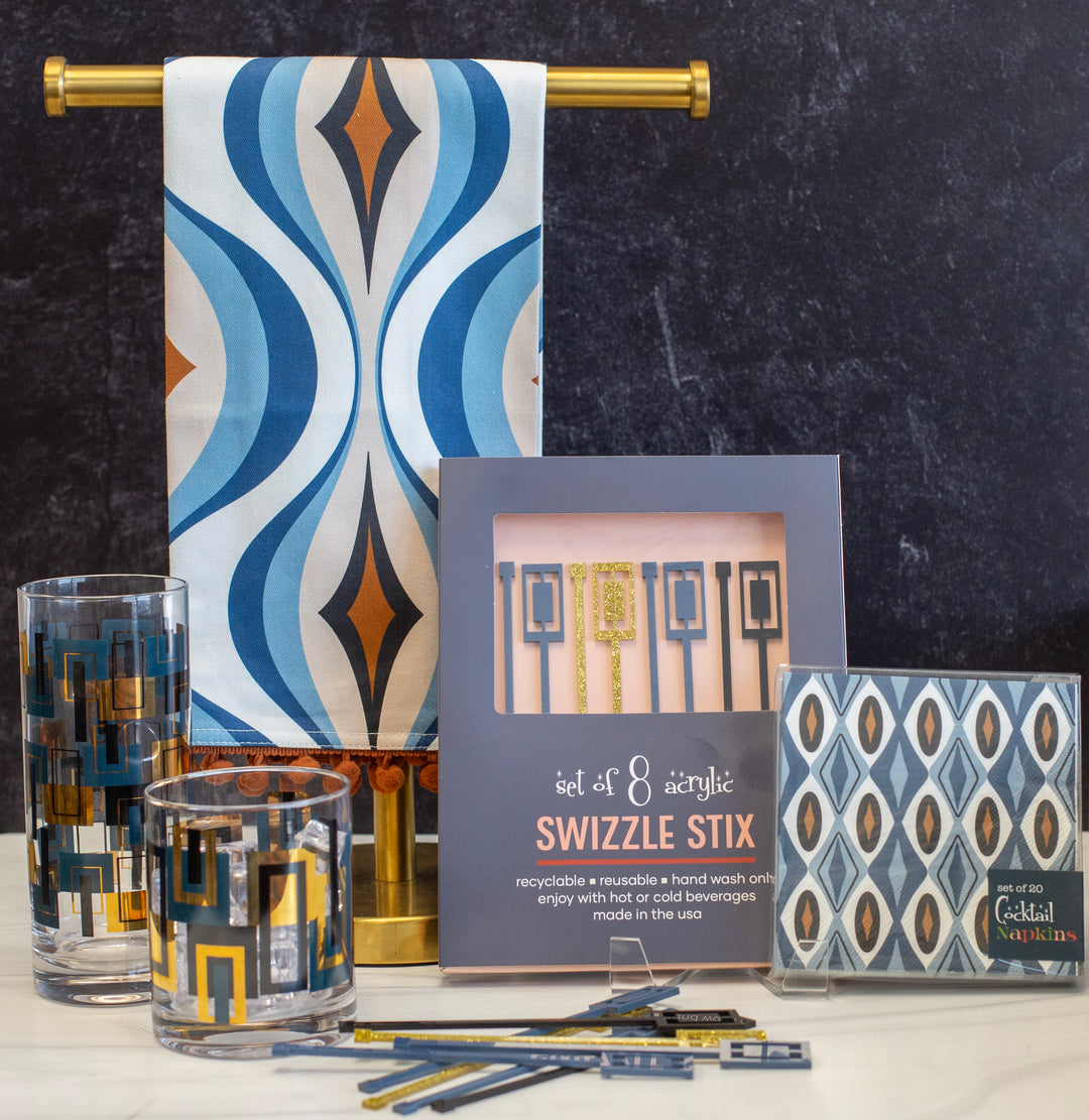 Cocktail Hour Set of 4 Blue and Gold Vintage Whiskey Glasses