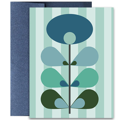 Send your warmest wishes with this&nbsp;classic Mid Century Modern inspired Blue Flower Note Card. Crafted with a unique design that's sure to draw compliments, this folded card and coordinating envelope make the perfect gift for any occasion. Perfect for taking your greetings beyond a text or email!