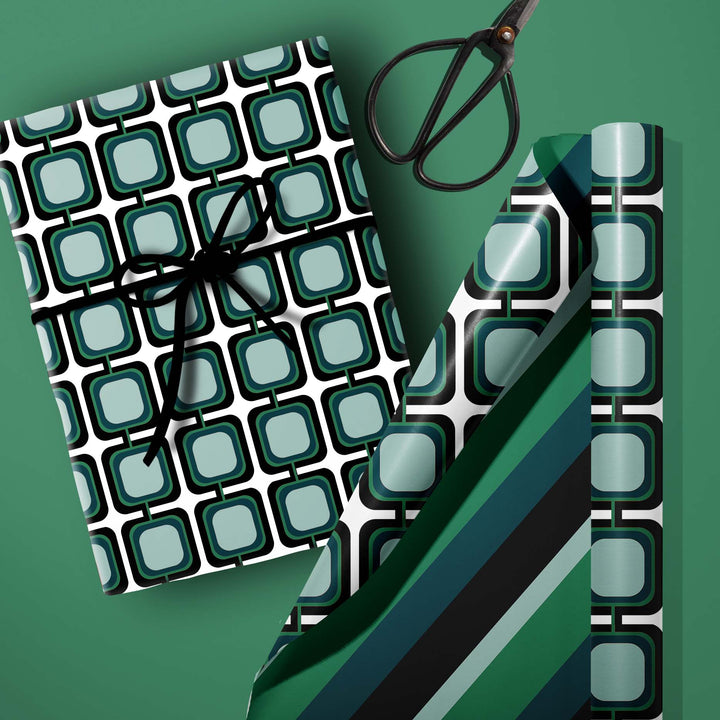 Blue teal black white square retro double sided stripe green blue mid century modern gift wrap craft sheets wrapping paper