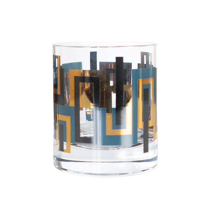 blue and gold mid century modern vintage whiskey rocks glass. set of 2 or 4 available. great host or housewarming gift.