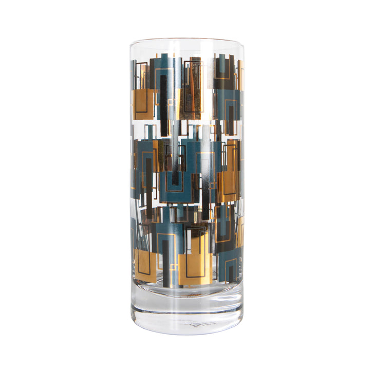 A tall vintage highball cocktail glass with blue and gold mid century modern geometric design. Great host, hostess or housewarming gift.