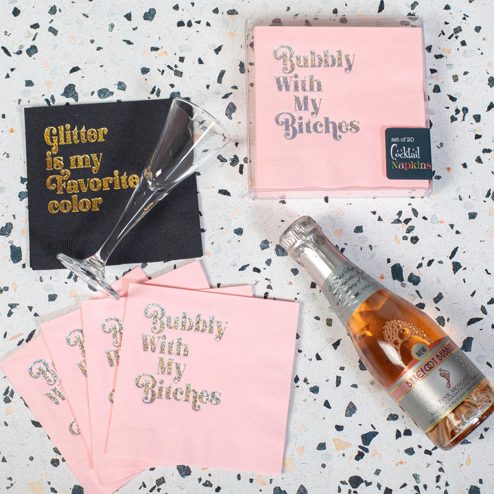 Bubbly With My Bitches Silver Glitter Foil on Pink Cocktail Napkin